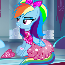Size: 1000x1000 | Tagged: safe, artist:cencerberon, artist:katya, edit, editor:katya, rainbow dash, pegasus, pony, alternate hairstyle, badge, bow, bracelet, clothes, dress, female, glitter, hair bow, heart, hearts and hooves day, holiday, hoof hold, jewelry, lidded eyes, makeup, pink dress, present, rainbow dash always dresses in style, sexy, show accurate, sitting, smiling, smirk, solo, stupid sexy rainbow dash, tomboy taming, valentine, valentine's day, valentine's day card