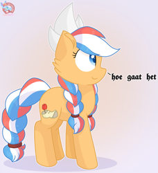 Size: 1277x1401 | Tagged: safe, artist:rainbow eevee, oc, oc only, oc:ember, oc:ember (hwcon), pony, hearth's warming con, blue eyes, braid, braided pigtails, braided tail, cute, cutie mark, dutch, dutch cap, hat, mascot, netherlands, simple background, smiling, solo, translated in the description