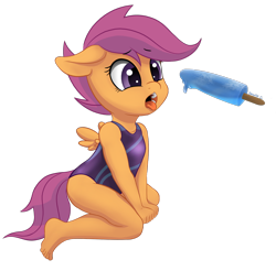 Size: 1718x1688 | Tagged: safe, artist:salemcat, scootaloo, pegasus, anthro, plantigrade anthro, g4, clothes, cute, cutealoo, feet, female, filly, floppy ears, food, ice cream, not porn, one-piece swimsuit, open mouth, phallic symbol, popsicle, simple background, solo, suggestive eating, swimsuit, tongue out, transparent background