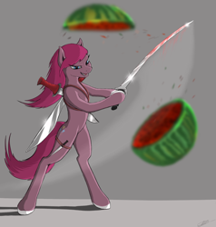 Size: 1546x1625 | Tagged: safe, artist:vladimir-olegovych, pinkie pie, earth pony, pony, g4, bipedal, female, food, pinkamena diane pie, solo, sword, watermelon, weapon