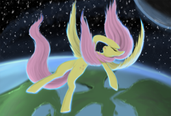 Size: 1035x698 | Tagged: safe, artist:vladimir-olegovych, fluttershy, pegasus, pony, g4, falling, female, moon, planet, solo, song reference, space, stars