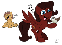Size: 1768x1288 | Tagged: safe, artist:lucas_gaxiola, oc, oc only, oc:charmed clover, oc:ink rose, bird, earth pony, pegasus, pony, earth pony oc, female, male, mare, music notes, open mouth, pegasus oc, signature, simple background, singing, sitting, speech, stallion, underhoof, white background, wings