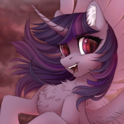 Size: 1000x1000 | Tagged: safe, artist:vird-gi, twilight sparkle, alicorn, pony, g4, cheek fluff, chest fluff, drool, ear fluff, evil twilight, fangs, female, leg fluff, looking at you, mare, open mouth, red eyes, slit pupils, solo, spread wings, twilight sparkle (alicorn), wings