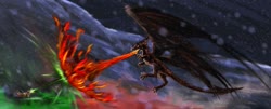 Size: 1600x644 | Tagged: safe, artist:vladimir-olegovych, dragon, pony, unicorn, beam struggle, black dragon, blast, claws, duo, fire, fire breath, magic, magic blast, random pony