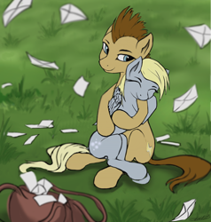 Size: 1084x1138 | Tagged: safe, artist:vladimir-olegovych, derpy hooves, doctor whooves, time turner, earth pony, pegasus, pony, g4, eyes closed, female, grass, hug, letter, mail, mailbag, male, ship:doctorderpy, shipping, straight