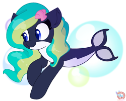 Size: 1467x1178 | Tagged: safe, artist:rainbow eevee, oc, oc only, oc:marina (efnw), orca, orca pony, original species, pony, blue eyes, bubble, cute, everfree northwest, female, mascot, shell, simple background, solo, sticker, swimming, transparent background