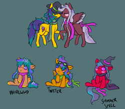 Size: 1600x1400 | Tagged: safe, artist:lavvythejackalope, oc, oc only, oc:squeaks, oc:twister, oc:whirlwind, pegasus, pony, :o, baby, baby pony, clothes, goggles, hat, open mouth, pegasus oc, reference sheet, scarf, simple background, sitting, text, underhoof, wings, witch hat