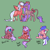 Size: 1400x1400 | Tagged: safe, artist:lavvythejackalope, oc, oc only, oc:class act, oc:lilyflare, oc:sweet heart, oc:valentine, pegasus, pony, unicorn, :o, baby, baby pony, bow, bowtie, eyes closed, hat, horn, leonine tail, open mouth, pegasus oc, raised hoof, reference sheet, simple background, sitting, tail bow, tattoo, text, underhoof, unicorn oc, wings