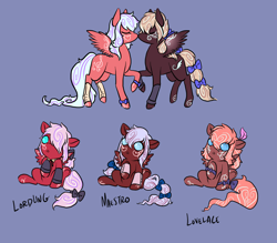 Size: 1600x1400 | Tagged: safe, artist:lavvythejackalope, oc, oc only, oc:class act, oc:lacy wind, oc:lovelace, oc:maestro, pony, :o, baby, baby pony, bow, cuffs (clothes), eyes closed, open mouth, raised hoof, reference sheet, simple background, sitting, tail bow, tattoo, text, underhoof