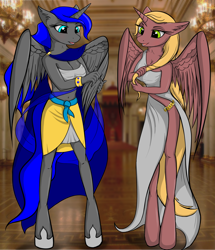 Size: 2947x3432 | Tagged: safe, artist:vladimir-olegovych, oc, oc only, oc:techno universal, alicorn, anthro, unguligrade anthro, alicorn oc, anthro oc, belly button, bracelet, breasts, cape, cleavage, clothes, dress, duo, fashion, female, high res, hoof shoes, horn, jewelry, mare, midriff, shoes, side slit, skirt, total sideslit