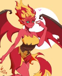 Size: 1888x2288 | Tagged: safe, artist:sozglitch, sunset shimmer, demon, equestria girls, g4, black sclera, blushing, breasts, cleavage, clothes, dress, elf ears, fangs, female, heart, long nails, smiling, solo, sunset satan, wings