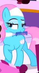 Size: 294x550 | Tagged: safe, screencap, lotus blossom, pony, g4, slice of life (episode), choker, comb, female, headband, mouth hold, solo