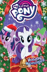 Size: 1400x2125 | Tagged: safe, idw, rarity, spike, twilight sparkle, alicorn, dragon, pony, unicorn, g4, official, spoiler:comic, spoiler:holidaymemories, female, holiday, holiday memories, male, mare, my little pony logo, twilight sparkle (alicorn)