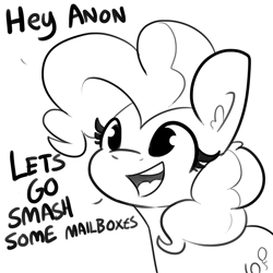 Size: 1500x1500 | Tagged: safe, artist:tjpones, pinkie pie, earth pony, pony, g4, black and white, dialogue, female, grayscale, implied anon, mare, monochrome, simple background, solo, this will end in jail time, this will end in property damage, white background