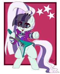 Size: 2100x2600 | Tagged: safe, artist:notenoughapples, coloratura, earth pony, pony, g4, bipedal, clothes, countess coloratura, female, guitar, high res, jacket, mare, musical instrument, simple background, solo