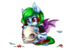 Size: 1089x734 | Tagged: safe, artist:creativecocoacookie, oc, oc only, oc:precised note, pony, vampire, vampony, blushing, bowtie, clothes, cute, cutie mark, fangs, feather, flower, nom, note, purple wings, simple background, sitting, skull, slit pupils, smol, species swap, spread wings, suit, transparent background, tuxedo, two toned mane, vampirism, wings