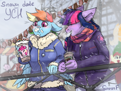 Size: 2000x1500 | Tagged: safe, artist:sinrinf, pinkie pie, rainbow dash, twilight sparkle, pegasus, anthro, g4, :<, clothes, coffee, commission, feather, female, floppy ears, food, jacket, lesbian, one eye closed, scarf, ship:twidash, shipping, sketch, snow, snowfall, whipped cream, wings, wink, winter, your character here