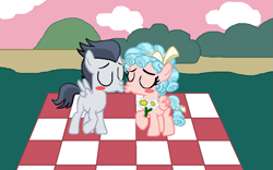 Size: 799x499 | Tagged: safe, artist:drypony198, cozy glow, rumble, pegasus, pony, g4, a better ending for cozy, blushing, colt, cozybetes, cozylove, cute, daaaaaaaaaaaw, eyes closed, female, filly, flower, foal, kiss on the lips, kissing, male, picnic blanket, romantic, rumblebetes, ship:rumbleglow, shipping, straight