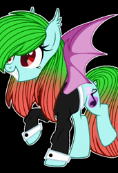 Size: 800x1168 | Tagged: safe, anonymous artist, oc, oc:precised note, vampire, vampony, base used, clothes, cutie mark, fangs, grin, note, slit pupils, smiling, species swap, spread wings, suit, tuxedo, two toned mane, wings