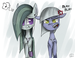 Size: 2785x2153 | Tagged: safe, artist:ratann, limestone pie, marble pie, earth pony, pony, g4, armband, blah blah blah, colored pupils, cross-popping veins, duo, earbuds, floppy ears, high res, music player, thought bubble