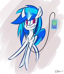 Size: 2278x2632 | Tagged: safe, artist:ratann, dj pon-3, vinyl scratch, pony, unicorn, g4, curved horn, earbuds, female, grin, high res, horn, magic, music player, no pupils, smiling, solo, telekinesis