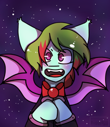 Size: 1536x1766 | Tagged: safe, artist:buggyb00, oc, oc:precised note, vampire, vampony, bowtie, bust, clothes, fangs, hooves to the chest, looking at you, no pupils, open mouth, portrait, smiling, smiling at you, species swap, spread wings, suit, tuxedo, wings