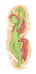 Size: 1378x2808 | Tagged: safe, artist:ratann, tree hugger, earth pony, pony, g4, on your marks, belly button, bipedal, eyes closed, female, modeling, nude yoga, scene interpretation, solo
