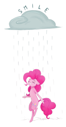 Size: 1585x3015 | Tagged: safe, artist:ratann, pinkie pie, earth pony, pony, g4, bipedal, cloud, eyes closed, female, rain, raincloud, simple background, smiling, solo, white background