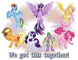 Size: 1280x984 | Tagged: safe, artist:texasuberalles, part of a set, applejack, fluttershy, pinkie pie, rainbow dash, rarity, spike, twilight sparkle, alicorn, dragon, earth pony, pegasus, pony, unicorn, g4, colored hooves, cowboy hat, eyes closed, female, flying, hat, hoof hold, looking at you, male, mane seven, mane six, mare, smiling, thumbs up, twilight sparkle (alicorn), underhoof, unshorn fetlocks, we got this together, winged spike, wings