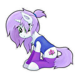 Size: 1350x1350 | Tagged: safe, artist:wellfugzee, oc, oc only, oc:orchid, blushing, bottomless, chest fluff, clothes, cute, cutie mark, female, fluffy, hair over one eye, leg warmers, looking at you, mare, partial nudity, ponytail, shirt, simple background, socks, transparent background