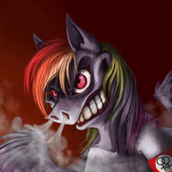 Size: 2000x2000 | Tagged: safe, artist:baccizoof, rainbow dash, pegasus, pony, g4, armband, breath, bust, collarbone, creepy, creepy grin, female, grin, gritted teeth, high res, implied lesbian, smiling, snorting, solo