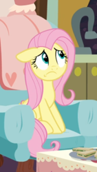 Size: 298x527 | Tagged: safe, screencap, fluttershy, pegasus, pony, discordant harmony, g4, chair, cropped, female, floppy ears, mare, sitting, solo