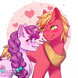 Size: 1524x1524 | Tagged: safe, artist:plutotheundead, big macintosh, sugar belle, earth pony, pony, unicorn, g4, blushing, eye contact, female, heart, heart background, looking at each other, male, mare, ship:sugarmac, shipping, signature, smiling, stallion, straight