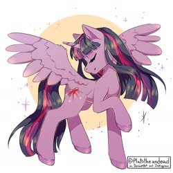Size: 1524x1524 | Tagged: dead source, safe, artist:plutotheundead, twilight sparkle, alicorn, pony, g4, cute, eyes closed, female, mare, profile, raised hoof, signature, simple background, smiling, solo, sparkles, spread wings, twiabetes, twilight sparkle (alicorn), wings