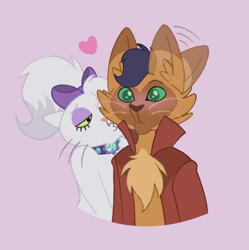 Size: 1282x1287 | Tagged: safe, artist:itoruna-the-platypus, capper dapperpaws, opalescence, abyssinian, anthro, g4, abyssinianized, anthro pets, blushing, bow, chest fluff, crack shipping, ear flick, female, hair bow, heart, kissy face, male, opalcapper, pink background, shipping, simple background, species swap, straight