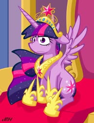Size: 720x937 | Tagged: safe, artist:texasuberalles, twilight sparkle, alicorn, pony, g4, big crown thingy, crown, element of magic, female, floppy ears, jewelry, loose fitting clothes, mare, princess, regalia, solo, throne, twilight sparkle (alicorn), twilight sparkle is not amused, unamused