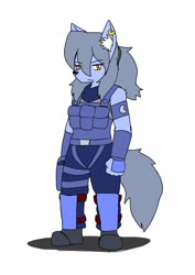 Size: 1451x2048 | Tagged: safe, artist:omegapony16, oc, oc only, oc:oriponi, wolf, anthro, plantigrade anthro, armor, clothes, ear piercing, earring, female, jewelry, piercing, simple background, solo, species swap, vest, white background