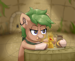 Size: 4795x3875 | Tagged: safe, artist:waffletheheadmare, oc, oc only, oc:tealeaf, ancient, bag, bricks, clothes, doe, door, dust, ear fluff, ear piercing, earring, eyebrows, eyelashes, freckles, gem, gold, green hair, half-closed eyes, jewelry, multicolored coat, pedestal, piercing, plants, ruby, scarf, shawl, statue, statuette, stone, temple, tongue out