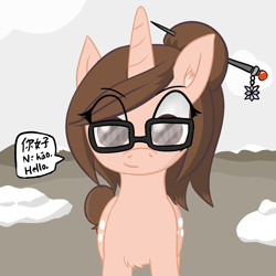 Size: 2000x2000 | Tagged: safe, alternate version, artist:poniidesu, pony, unicorn, chinese, english, eye clipping through hair, eyebrows, female, glasses, hairpin, hello, high res, horn, jewelry, looking at you, mare, mei, mountain, overwatch, ponified, snow, solo, speech, text, this will not end well, video game