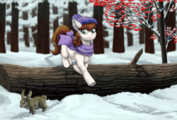 Size: 2500x1700 | Tagged: safe, artist:marinavermilion, oc, oc only, bird, earth pony, pony, rabbit, animal, clothes, forest, scarf, snow, solo, tree, winter