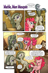 Size: 1268x1920 | Tagged: safe, artist:pencils, marble pie, pinkie pie, earth pony, pony, comic:marble mare manquee, g4, butt, cleaning, comic, dialogue, dock, duo, duster, eyes closed, female, fourth wall, gritted teeth, hoof strap, looking back, marblebutt, mare, open mouth, open smile, pie sisters, pie twins, plot, shocked, sisters, smiling, speech bubble, sweat, tail, tail pull, teeth, tongue out, twin sisters, twins
