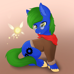 Size: 4050x4050 | Tagged: safe, artist:bellfa, oc, oc only, earth pony, fairy, pony, blazer, blue coat, clothes, colored pinnae, commission, ear fluff, full body, glasses, glowworm, gradient background, green eyes, green hair, jacket, leather jacket, male, pony oc, red bandana, red scarf, scarf, simple background, solo, unshorn fetlocks, ych result