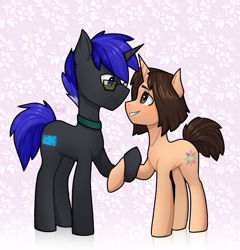Size: 711x741 | Tagged: safe, artist:magicstarfriends, oc, oc only, oc:pixel shield, oc:polly nia, holding hooves, looking at each other, smiling