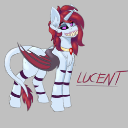 Size: 1200x1200 | Tagged: safe, oc, oc only, oc:lucent, alicorn, demon, pony, succubus, succubus pony, unicorn, amulet, bat wings, black sclera, body markings, chest fluff, ear fluff, eyeshadow, female, gray background, grin, jewelry, leg markings, leg stripes, lidded eyes, looking at you, makeup, mare, necklace, purple eyes, sharp teeth, simple background, smiling, smirk, solo, succubus oc, tail, teeth, wings