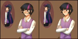 Size: 1024x512 | Tagged: safe, artist:riukime, twilight sparkle, human, g4, 2017, angry, brown background, cross-popping veins, crossed arms, duo, dusk shine, female, humanized, male, prank, rule 63, self paradox, selfcest, ship:dusktwi, shipping, simple background, straight