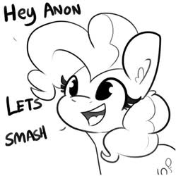 Size: 640x642 | Tagged: safe, artist:tjpones edits, edit, pinkie pie, earth pony, pony, g4, female, implied anon, implied sex, monochrome, simple background, solo, white background