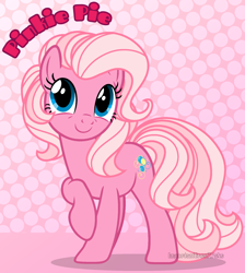 Size: 1716x1918 | Tagged: safe, artist:pigeorgien, pinkie pie (g3), earth pony, pony, g3, g3.5, g4, alternate design, cute, female, g3 diapinkes, g3 to g4, g3.5 to g4, generation leap, looking at you, mare, pigeorgien is trying to murder us, polka dot background, raised hoof, smiling, smiling at you, solo