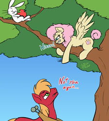 Size: 1573x1745 | Tagged: safe, artist:soulcentinel, angel bunny, big macintosh, fluttershy, earth pony, pegasus, pony, fanfic:twin fates, g4, alternate hairstyle, alternate universe, apple, cute, female, food, funny, male, stallion, text, tree, tree branch
