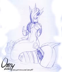 Size: 800x928 | Tagged: safe, artist:omny87, idw, princess cadance, monster pony, siren, anthro, g4, reflections, spoiler:comic, breasts, busty princess cadance, evil cadance, evil grin, grin, monochrome, smiling, species swap