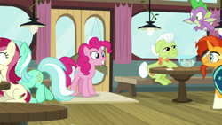 Size: 1920x1080 | Tagged: safe, screencap, granny smith, lyra heartstrings, pinkie pie, roseluck, spike, sunburst, dragon, a trivial pursuit, g4, winged spike, wings
